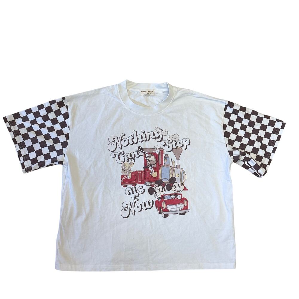 Vintage Small Shop Mickey Mouse Kids 8/9 years old White Checkered Train Graphic